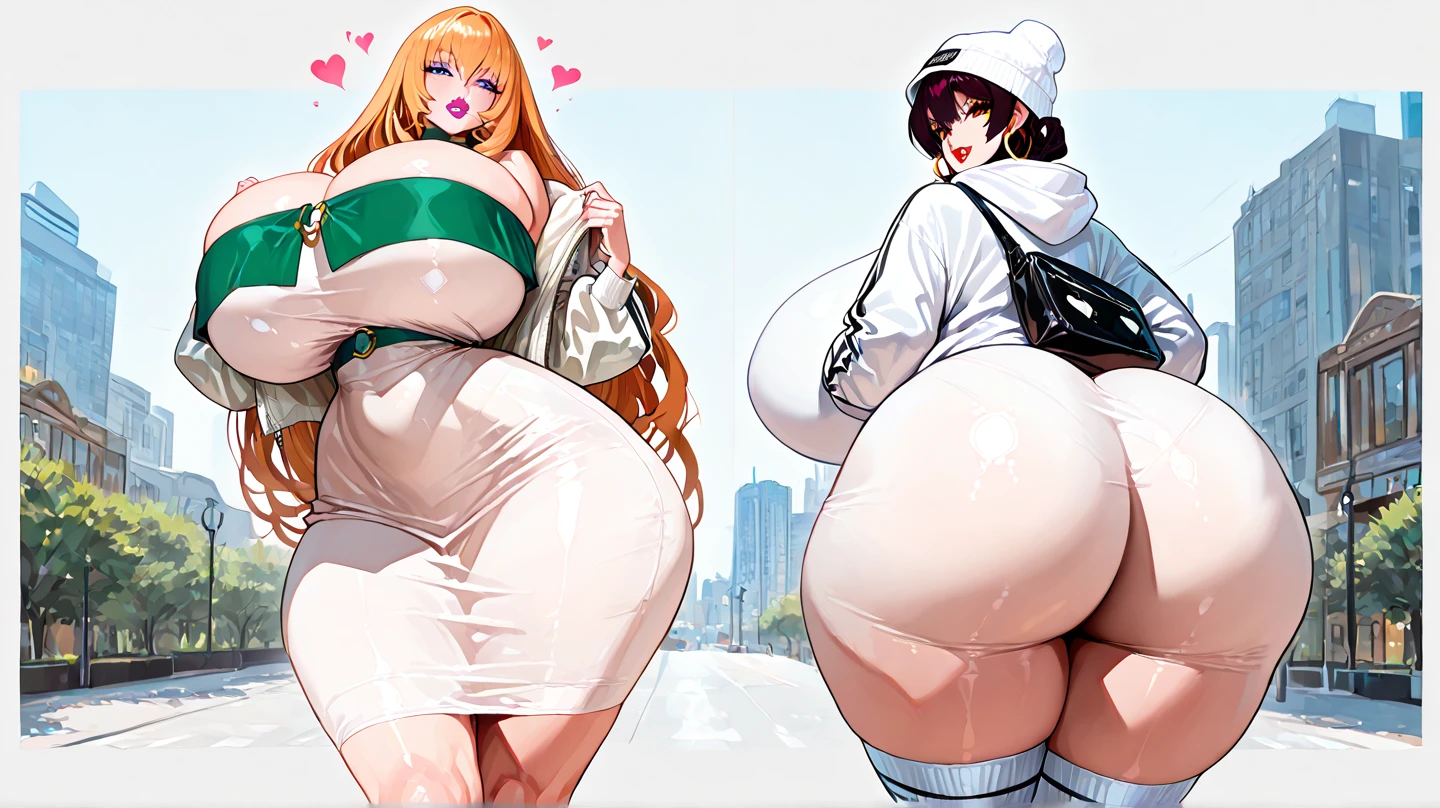 Personnage de Makila (chainsaw man), deux filles rousses cheveux rouges obèses qui se regardent avec amour dehors, ventre gros et gras sorti, sexy, tendresse, visage fermé et sévères, visages très détaillés, joues potelées et gras, double menton. Elles ont un corps très gras, ssbbw, très belles femmes