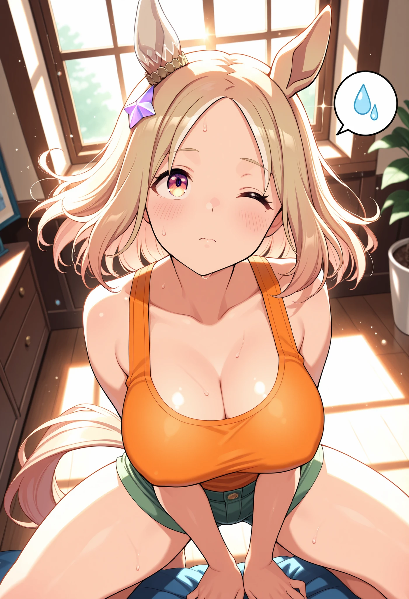 narita top road \(umamusume\),orange Chiffon tank top,(((masterpiece))),(((detailed))),(((best quality)),((hyper detailed)),((beautiful)),((highly detailed)),(((shinythighs))),(((shiny skin))),((high quality skin)),(((8k))),(((high resolution))),((intricate)),(silky hair),(glossy hair),(shiny hair),(bouncy hair),(shimmering hair),(glistening skin),(smooth skin),(glossy skin),lights green Fleece micro short shorts,one eye closed anguish,uneasy,nervous,tense,embarrassed, bashful blush,head tilt,sweat,floating hair,wind,squatting,spread legs,and palms together,room,living room,loaded interior,Window,natural lighting, sunbeams, sunlight, afternoon light, bright light, direct light, backlight, god rays, bloom, light sparkles, light particles, warm light,glowing,shine,glint,lens flare,sparkle,spoken sweatdrop,from front and from above,high angle,close-up,cowboy shot,looking up,anime girl,solo
