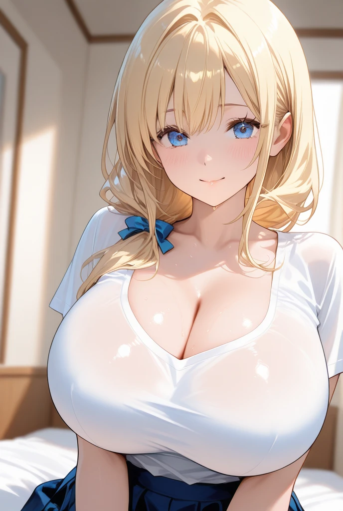 (one sexy european woman、gentle smile:1.2), (cleavage、huge breasts:1.5)、blonde、（light blue bra:1.2)