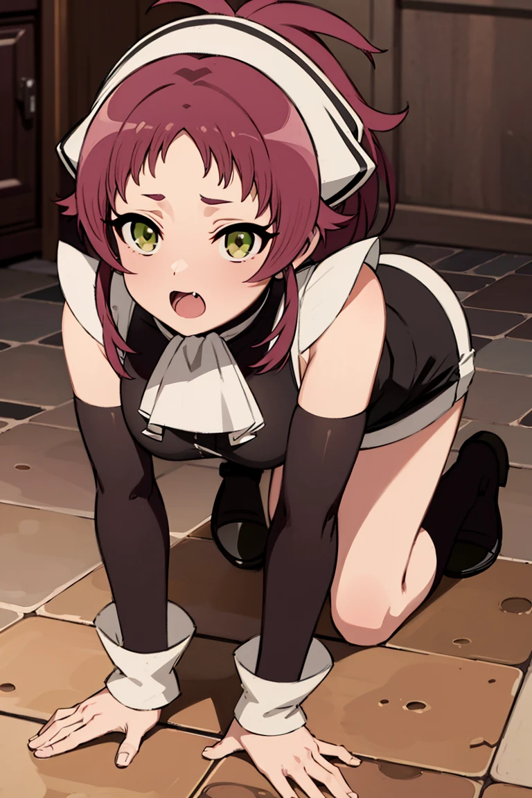 score_9, score_8_above, score_7_above, fountain_cheered up, aishagreyrat, Aisha greyrat, green eyes, Red hair, long sleeves, apron, maid, comforter, white apron, white comforter, inside, on side, blush, Alone, dutch angle, turn to the viewer, cowboy shot, bewitching thighs, brown boots, white socks, Thighs, low angle, white panties, secret filming, crotch shot, turn your back, embarrassed face