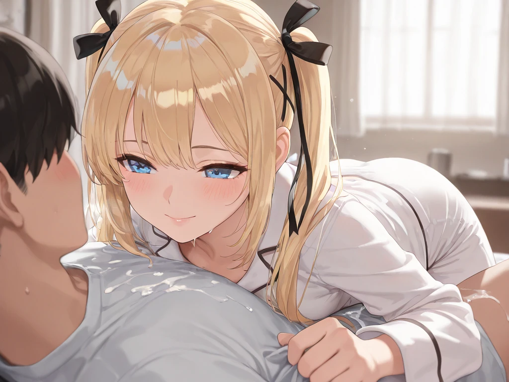 ((highest quality、High resolution))、Portrait、Blonde、((A beautiful girl gives a blowjob to a boy))、penis、semen