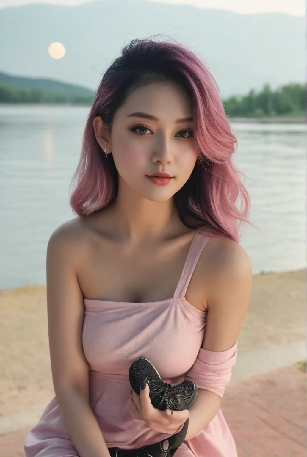 score_9,score8_up, ((head to thigh portrait)), (majestic:1.5),(uhd:1.3), (best quality,highres,masterpiece:1.2), ultra-detailed, (realistic, photorealistic, photo-realistic:1.37),(highest resolution, distinct_image), (Best quality, 8k, 32k, Masterpiece, Photorealistic, high contrast, UHD:1.2), 1girl, solo, medium pink hair, perfect makeup, lipstick, perfect figure, c-cup breast. translucent pale skin, necklace,, jewelry, charming face, smile, eyes at camera, highly details, cinematic, realistic fabric rendering, At the edge of a misty lake, Elara stands barefoot on the dewy grass, wearing a simple, light dress. The camera captures her from a wide angle as she takes a deep breath, with the still water and rising mist creating a tranquil, reflective atmosphere