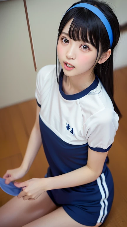 10th generation, sky blue aged bloomer、dirty bloomers、A small, old white T-shirt、Old pale red bloomers with two white lines on the sides、Slight cross-eyed、two girls、sports meeting、black hair、Japanese、hair medium straight、 skinny、embarrassed look、brown eyes、delicate、small butt sticking out、thin thighs、spread legs、gym uniform, not sensitive