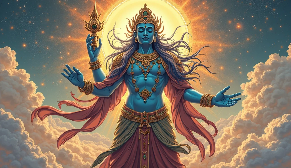 "Create an AI image of a Pokémon inspired by a Hindu god, combining traditional elements with a mystical and powerful design. The Pokémon should have an aura of divine energy, intricate patterns, and vibrant colors reflecting its godly nature."