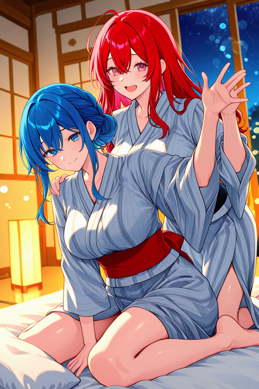 (Private 4K)、(High resolution:1.2)、(High freshness:1.2)、、(Whole Body Ezbian:1.2)、(Two Women:1.6)、((Woman with exaggerated big physique))、(Super big breasts fully opened:1.8)、abnormally developed muscles,,Barefoot woman, , Big arms、(Huge muscles:1.4)、(Dynamic pose:1.2)、(Women embracing each other with all their might:1.8)、(Small white kimono:1.8)、