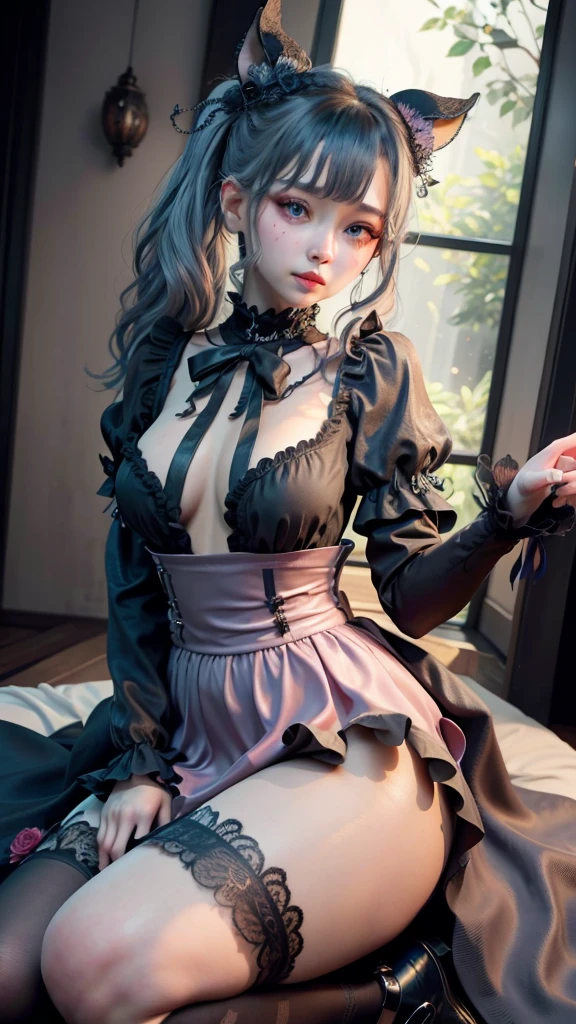 ハードなDark Gothicメイク、Black dark eyeshadow、sad、Good skin radiance、Dark Gothicメイク、Dark smile、palace、The beauty of fragrance、24-years-old、Expressions of intense sexual pleasure、Embarrassed look、Dark Gothic、Highest quality、Expression of sexual pleasure without pain、Drunk face、Purple maid outfit、mysterious、noble、Loving smile、Twin tail hair、Right eye is blue、Left eye is red、Super tempting pose、Platform heel shoes、Heavy makeup、Gothic Lolita Clothing、Silver Hair、Long Hair Straight Hair、Cute Gothic Lolita Dress、Beautiful Face、Elegant face、Attractive face、Stained glassの背景、Chest glistening with sweat、The room is dark、goth long dress、Bell Sleeves、Wizard Sleeve、Decadent look、Sexually excited expression、Wet shiny thigh water、Thighs that are wet and shiny with oil、Background of a room full of roses、Sad look、Rose Maiden、The embroidery is pink、The dress has pink embroidery.、Thigh-high socks、Knee-high socks、Gentle expression、Dark black eyeshadow、Stained glassとバラの背景、Thighs are a little thin、Female Duo、Female couple、dark church background、Stained glass、Black metal world、Dark Castle、Dark Room、Slender body、gothic long dress、Victorian dress、Small breasts、With a glass of wine in your right hand、With a lantern in his left hand、The bed is covered with roses、Her thighs are shining with sweat、My body is wet and shiny、There is a lot of glitter on the thighs、I am sweating、My thighs are sticky with sweat.、My thighs are glistening with sweat、My whole body is sweaty and shiny、I sweated a lot.、My thighs are sweaty、My wet thighs are glistening with sweat.、There is a lot of sweat shining all over my body、Slender body、I rest my head on the pillow、Sleeping in bed、Beautiful legs、Outstretched legs、Lying in bed、Lying on your back in bed、On all fours、Knee Up、Kneel、Put your arms behind your back、Kneeling on the bed、Super beautiful straight hair、Straight hair to the ends、Straight Perm Hair、Show off your thighs、Sit on the bed、Ass on the bed、Sitting with legs apart、