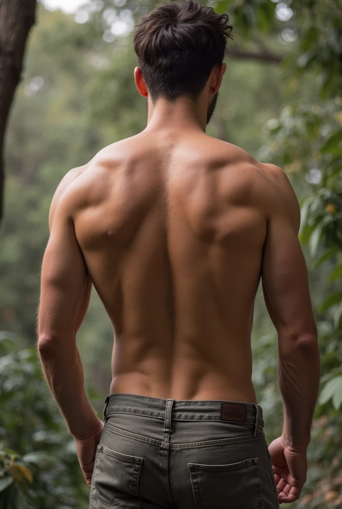 Homem adulto de 28 anos de pele oliva, com cabelos longos na altura dos ombros, com o corpo molhado, com tatuagens nas costas dentro do banheiro, backview, qualidade 8K, foco nítido, textura real da pele, foto RAW
