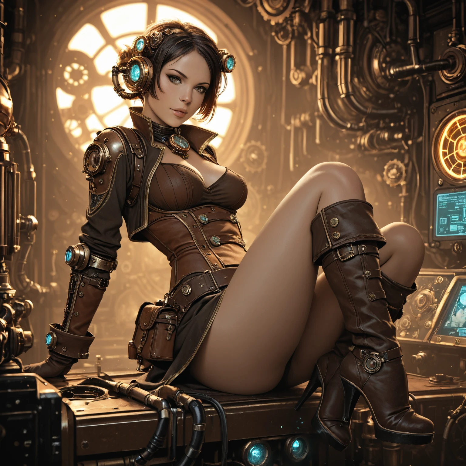 suggestive pose, random hair color, random eye color, Tenebrism art style painting,oil on canvas,(((huge big natural saggy breasts,very noticeable cameltoe))),steampunk airship background scenery,Complete Steampunk Clothes Intricade Details, WLOP, sakimichan,greg latkowski, Alphonse Mucha, makoto shinkai, Stanley Art Jem Lau, Los Doros, surreal,art station trends, unreal engine 5, 8K,concept art,digital paint, splash art, splash paint, face portrait,grunge painting, written by banksy, Written by Greg Tocchini, Written by James Gillard, Written by Joe Fenton, Written by Keith Butcher, very detailed, symmetrical, octane rendering, concept art, Artistic, cinematic, super sharp focus, very detailed, Vibrant soul, perfection