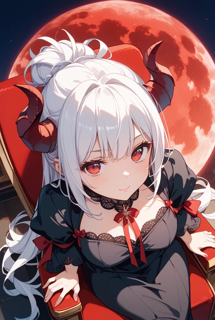 anime girl with horns and red dress sitting on the floor, mika kurai demon, menina anime demon, white horns queen demon, giesha demon, Demon girl, Impacto de Ayaka Genshin, Succubus bonito, visual anime de uma menina bonito, devilish, portrait of a female demon, portrait of demon girl, Do videogame Azur Lane