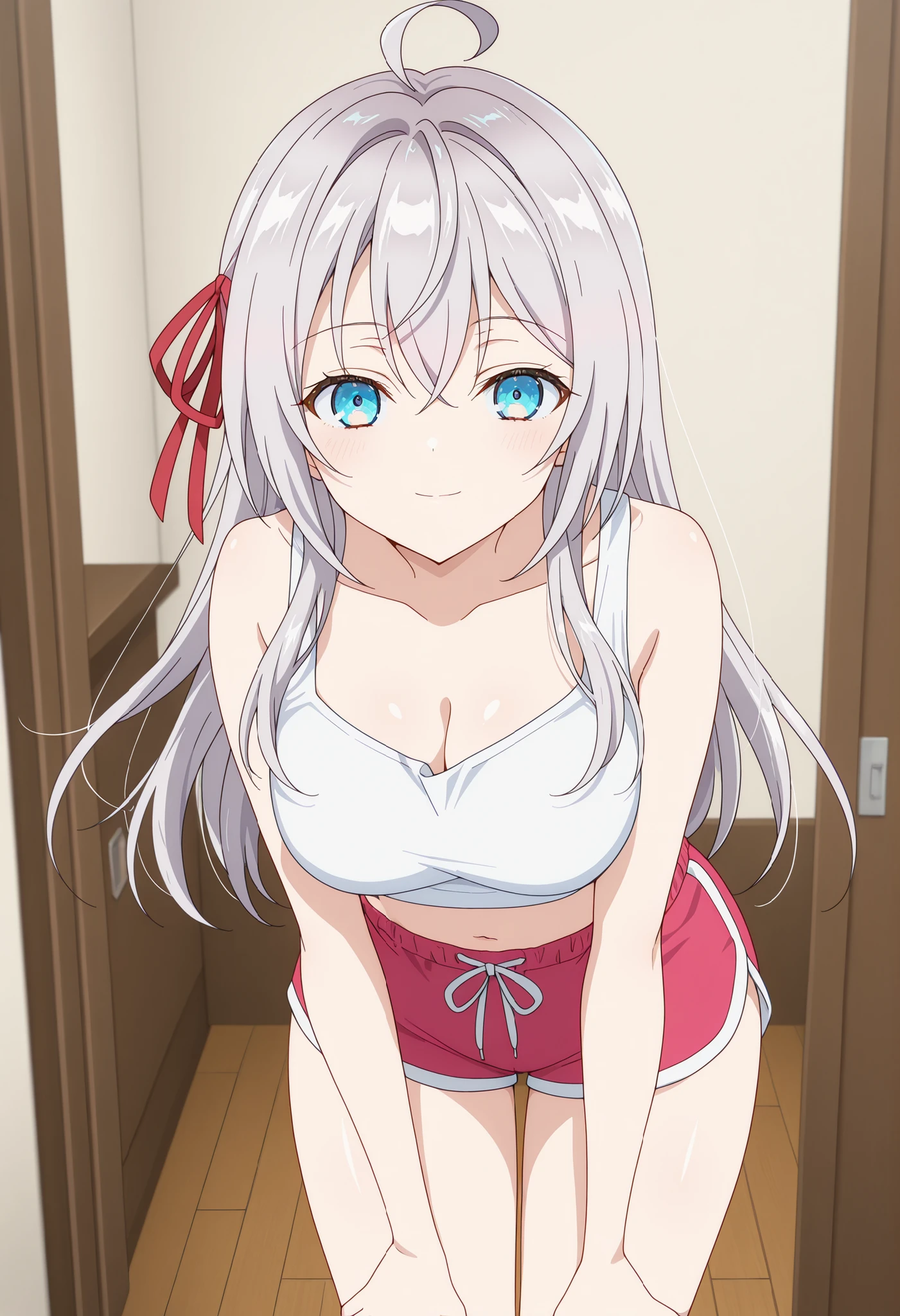 score_9, score_8_up, score_7_up, source_anime, 1girl, alya, grey hair, long hair, ahoge, hair ribbon, blue eyes, best quality, masterpiece, ultra-detailed, high quality, highres, pretty woman, beautiful, beautiful and perfect face ,white crop top,red dolphin shorts,breasts, cleavage ,standing, bend forward, hand on thighs, light smile,at viewer, medium thighs, medium hips,solo,bedroom background