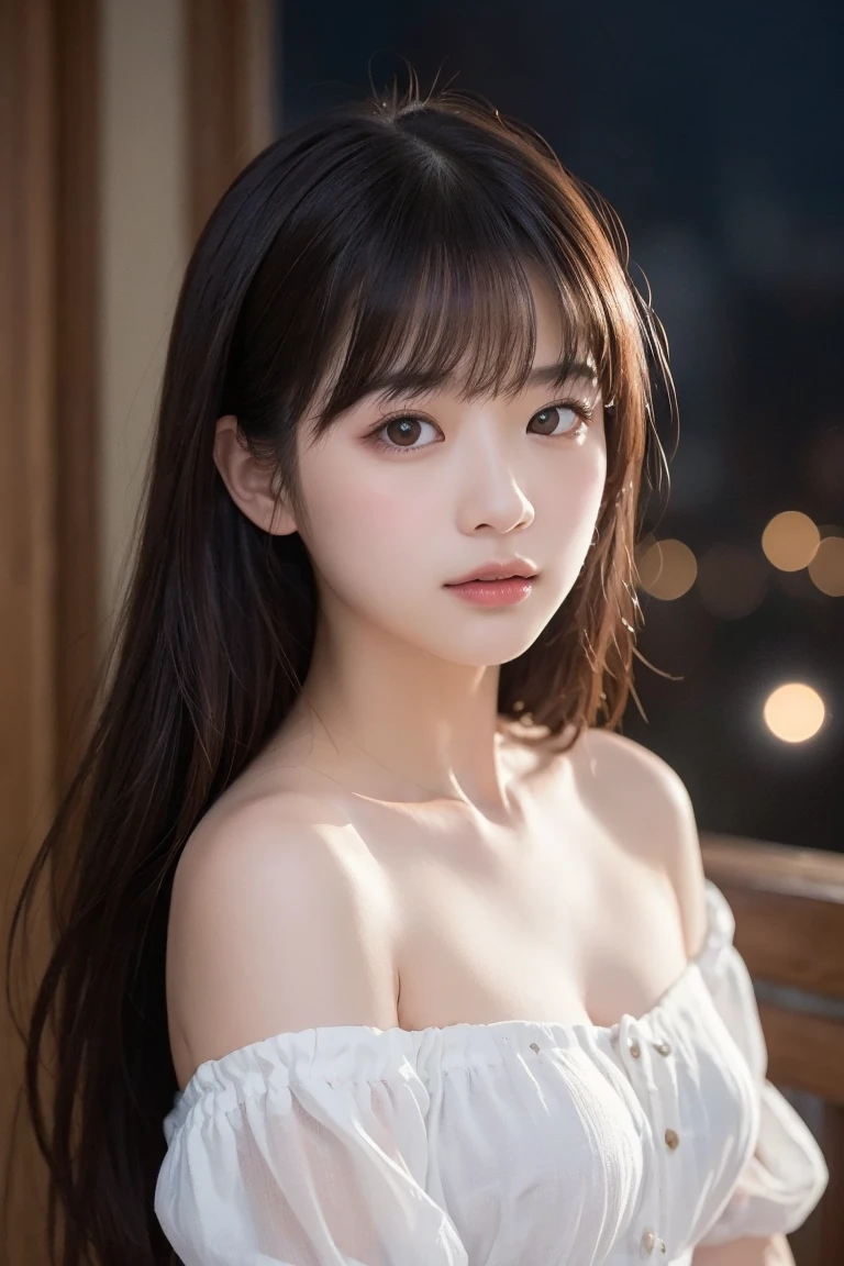 Pieces fly, highest quality, 8k, ((6 years old, 10th Generation,Lolita,Childish, Primary school students:1.5)), face,young face,RAW Photos, Confused, Award-winning portraits, ニヤニヤ笑face,bright笑face, White teeth,The corners of the mouth turn up,alone, (at night:1.8), idol face, Delicate girl,Slender body, Upper body, Digital SLR, View Viewer, Frank, Sophisticated,Thin arms, Slim body,Tap on the shoulder,Long, thin neck,Professional Lighting, Film Grain, chromatic aberration, (detailed eyes and face:1.0) , Black Hair , Shortcuts,bangs, double eyelid, Droopy eyes , Small breasts,Knitted Products,Very thin and sheer white knit,とても薄くて透けたKnitted Products,texture,Overexposure,shoulders protruding,((Drop shoulder:1.45 )),(Take off your clothes:1.0),(Clothes come off) , Take off your clothes , I can see your chest,Cleavage,A light shines in my heart,Gorgeous breasts,Shining Breasts,The chest comes out, bright,(Her breasts are visible through her eyes.),(Chest is visible),(The shape of the breasts is clearly visible),(The shape of the breasts is clearly visible),(ttranslucen),(transparent),(The chest area is transparent),