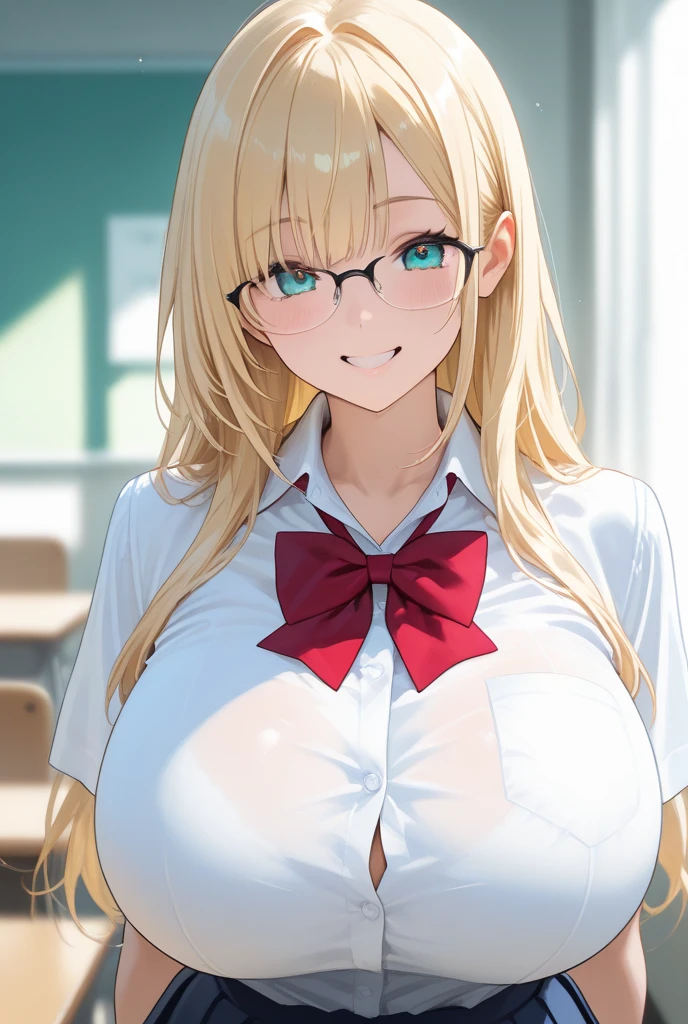 Gingham check bra, gingham checked panties,Side tie panties,The ribbon is lovely, Ribbon Panties,Twin tails,blush, full-face blush,masterpiece, Highest quality, high school girl,School,The front of the uniform is open,Beautiful blue eyes,(anime screencap:1.3),(shape), cute,(Simple:1), (anime:1.2),Solo Sharp Focus, 1 girl, Cleavage,Looking at the audience,School classroom, Are standing,,(Browsing Caution:1.2),((Pastel colored underwear)),Big Breasts,Beautiful breasts,Beautiful Hips,Accentuate your breasts,Glasses,