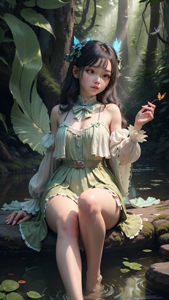1girl, animal, bangs, bare_arms, bare_shoulders, bird, blush, breasts, bug, butterfly, cleavage, covered_navel, dove, dress, elf, forest, long_hair, looking_at_viewer, medium_breasts, nature, outdoors, pointy_ears, purple_eyes, seagull, sitting, soaking_feet, solo, water, white_dress))
Visual effects:movie lights, ,((masterpiece)),best quality,high resolution illustrations,particle effect,((very detailed CG)),((masterpiece))absurd,intricate details,((8k_wallpaper))<hypernet:yukoring:0><lora:Cornflower-000001:0>