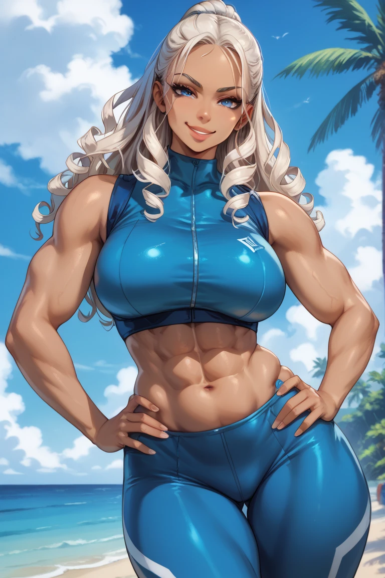 (MARGOT ROBBIE), Busty muscular super strong asian woman, strong biceps, strong abs, huge breasts, hyper muscular bodybuilder, scary, emposing, white hair and blue eyes, fully naked