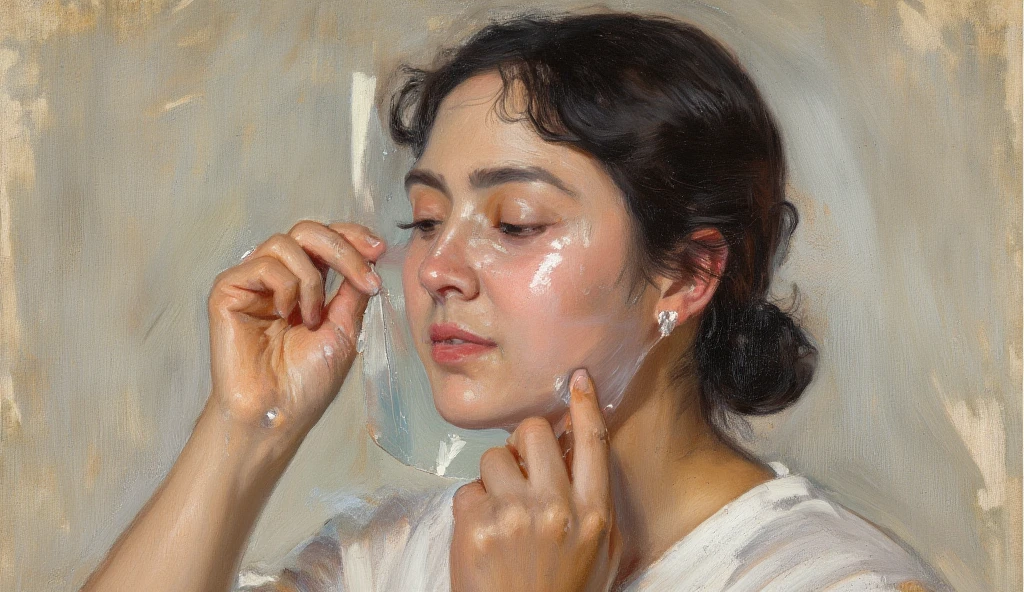 A portrait of a person gently a translucent mask from their face. The expression underneath is authentic, perhaps vulnerable, but peaceful. Impressionistic oil painting, symbolic of authenticity, 4K, masterpiece.