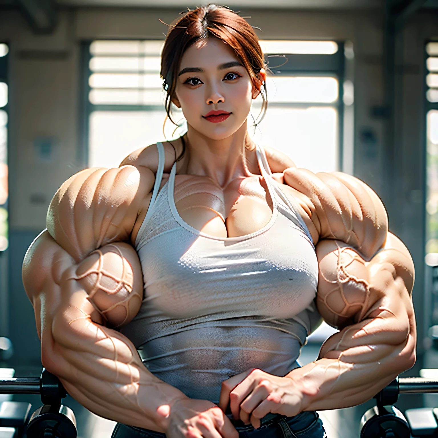 best quality, ultra high res, photoshoot, (photorealistic:1.4), 1girl, caucasian, bodybuilder girl, big breasts, big , muscle girl, 
there is a woman in a thong and tight white shirt flexing and posing in the gym, with red hair and green eyes, red and green, (light brown hair:1), looking at viewer, evil smile, cute, detailed eyes, detailed face, kpop idol, lifting very heavy weights, very excited
