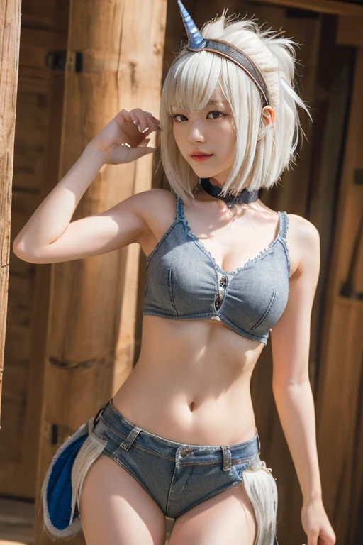 melhor qualidade,:1.2)1girl,sozinho,cabelos loiros,rabo-de-cavalo,cabelo entre os olhos,clivagem,olhos azuis,Sorriso leve,Olhando para o Viewer,sbikini,shorts,Denim,umbigo,roupa de banho,inclinando-se para a frente,parte superior do corpo,dynamic pose,Praia