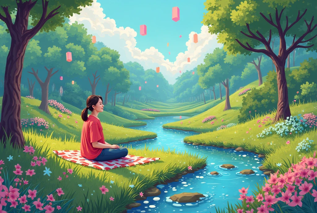 (bright colors),pixel art,lotus pose,girl floating on air:2,(best quality:1.2),detailed portrait,serene background,gentle shadows,soft lighting,meditative atmosphere,delicate lines.minimalist Journey,girl floating on air:2,girl floating on air:2