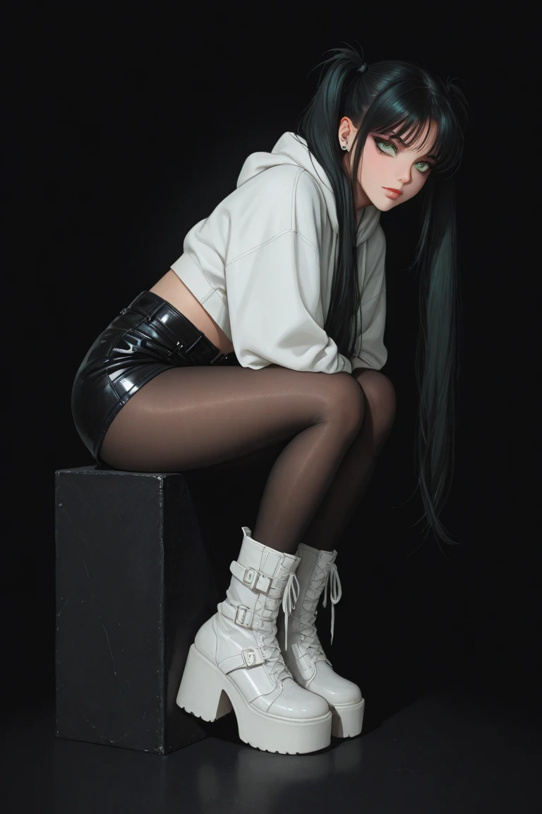 Close-up of a girl, sitting on the floor in boots, Epic 3D abstract emo girl, Not a tall student of emo art, Anime style. 8K, Random Pose, Emo anime girl, anime styled 3d, 17 years old - anime goth girl, modern anime style, single character full body
