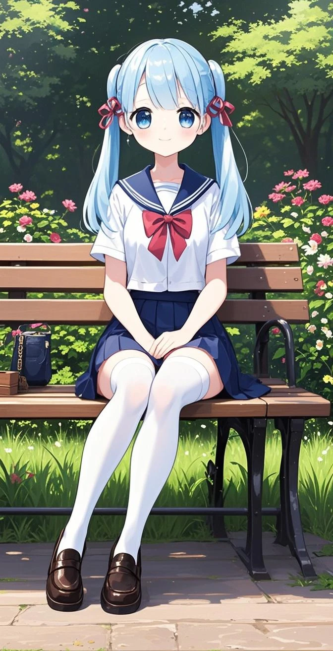 anime illustration art of a cute girl sitting in park (Aqua) hiding hands, blue high heels, feet together, sit on wooden bench, crying loud and clear, tears, red cheeks, redness