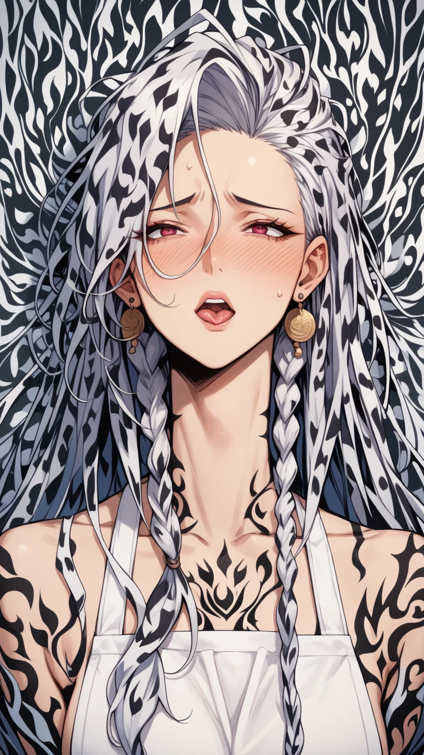 anime art style, female with long wild white hair and pink eyes, heart eyes, red glasses, sheepish, nervous blush, shy, large, dressed as a mummy queen, Mummy bandages, in Egypt, gold jewelry, in a watery oasis, looking back, bimbo, very large breasts,