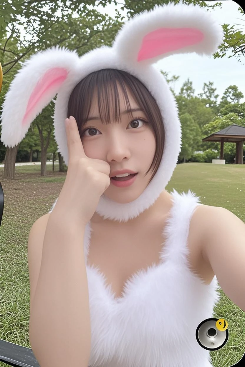 1人の女性((Upper body selfie))、high-angle shot、​masterpiece、top-quality、ultra-detailliert、the ground、outside of house、naturey、（japanes:1）、（a blond:0.9）、wearing bunny outfit、large full breasts、jolly、Happiness、stony、a river、Contrasty