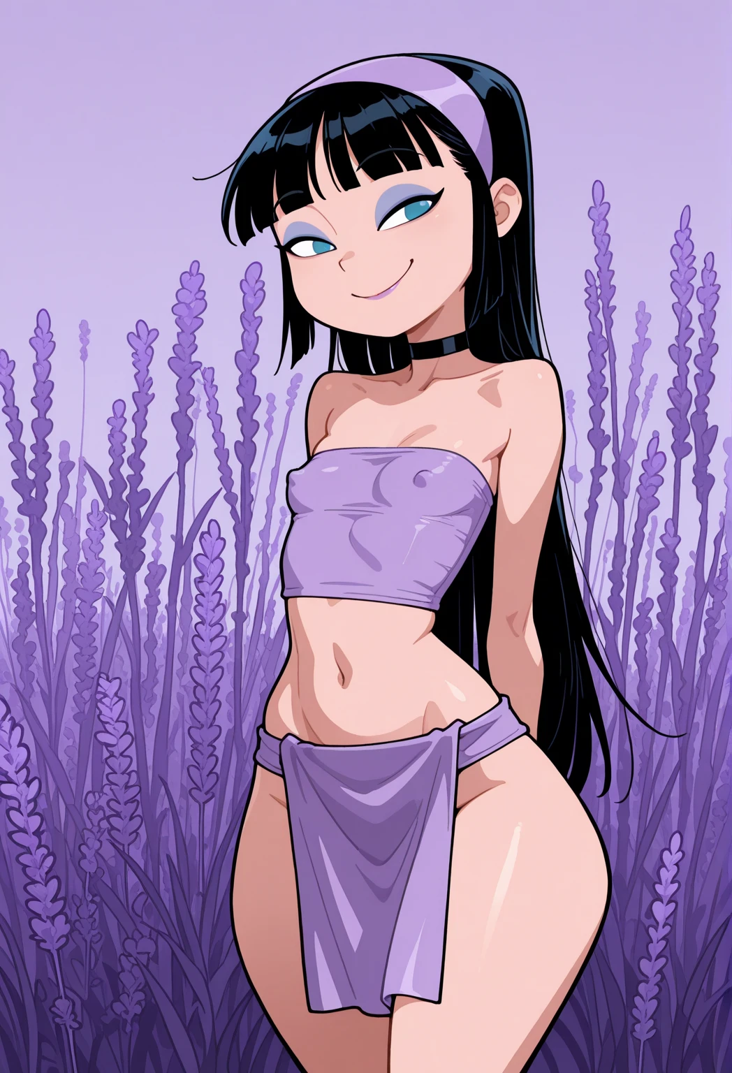 Ralph Bakshi Style, Curvy blue eyed girl with long wavy black hair and small breasts, nudity, (extreme nsfw), lewd, (pubic_stubble):5.0, tropical island setting, sunlounger