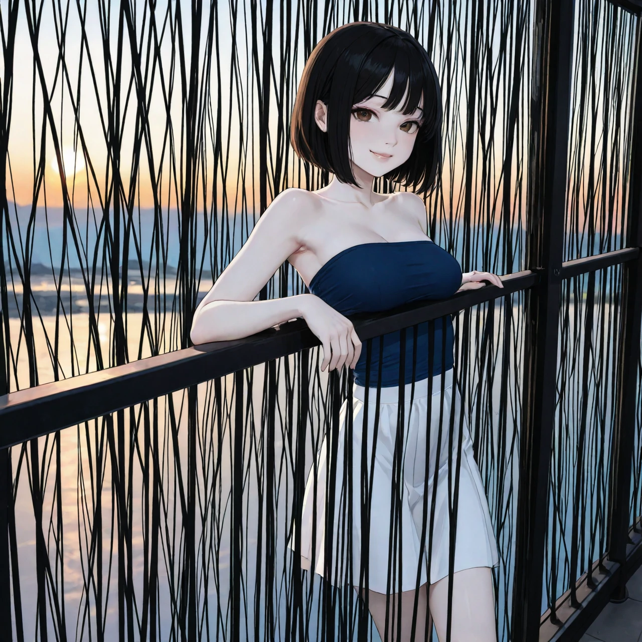 Girl Wearing T-Back、(One Woman:1.2)、a river、shoulder-length black hair、A smile、Medium chest、top-quality