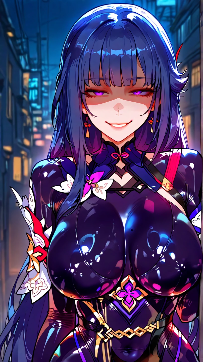 (Masterpiece), (Best quality), (Very detailed), 4k, girl, {Raiden Shogun}, Korean woman, shoulder exposure, shoulder smooth texture latex, coveted smile, anime feel, evil devil, {black painting}, {Teasing Smile},{Teasing Smile},High Quality, Clear Picture,(High Saturation),(Glowing), Best Lighting, Best Shadows,