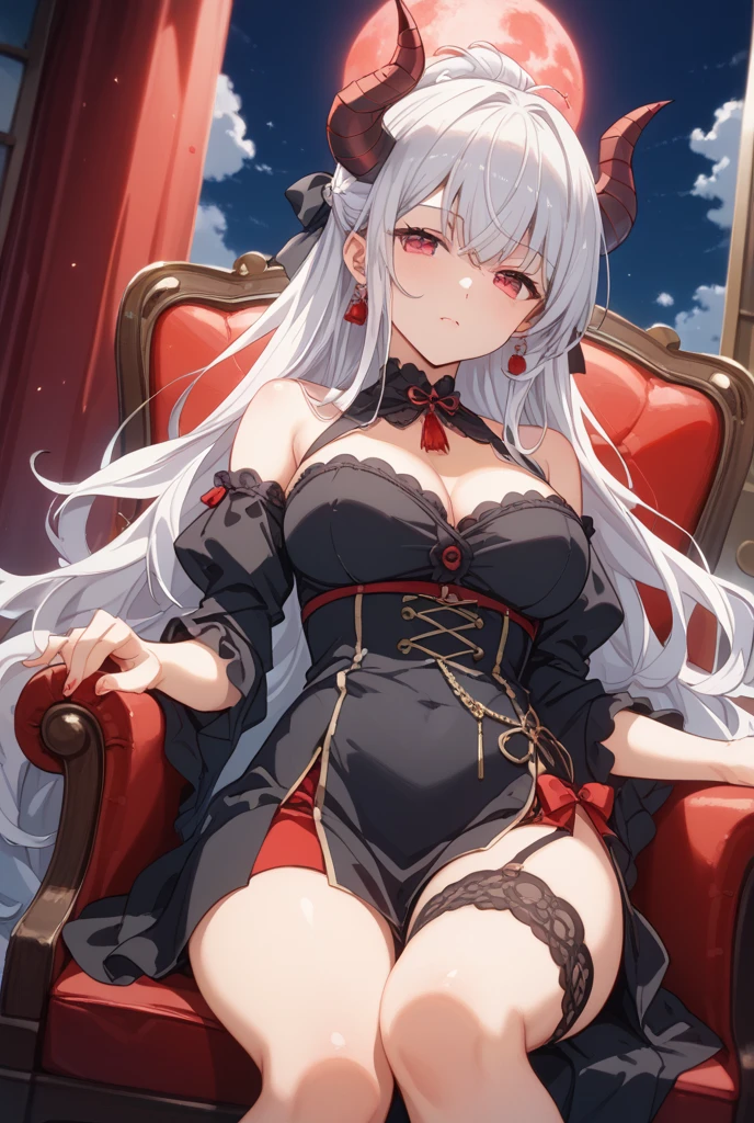 1girll,In the daytime,White dragon horn,Light,divino,Gorgeous lace lingerie,huge tit,blacksilk,Reveals lace panties,Lift the skirt,Fine details,Color gas,Big background,Long white hair,red color eyes,Chest exposed,Gorgeous white palace castle interior background