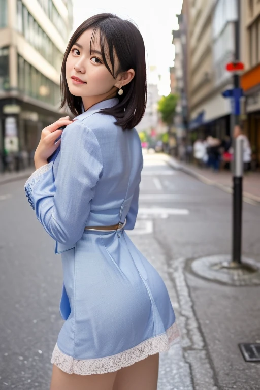 Highly detailed CG Unity 8k wallpaper, top quality, super detailed, masterpiece, realistic, photo realistic, very detailed cute girl, 25 years old, blush, parted lips, (), (crowd), crowd street, (show white panties), back view, (look back), half body shot, collared shirt, short hair