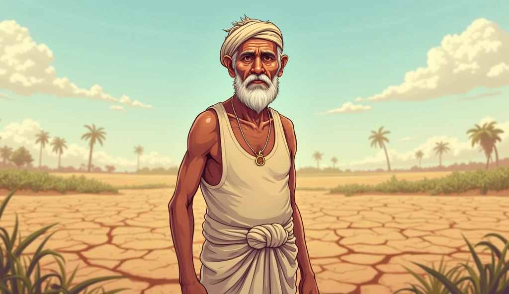 Dhruv the Farmer in His Field
Description: A comic-style image of Dhruv, a middle-aged farmer with a lean build, wearing a simple white dhoti and a brown kurta. He is standing in his field, holding a sickle in one hand and looking up at the sky, worried about the lack of rain. The field is dry, with wilted crops around him