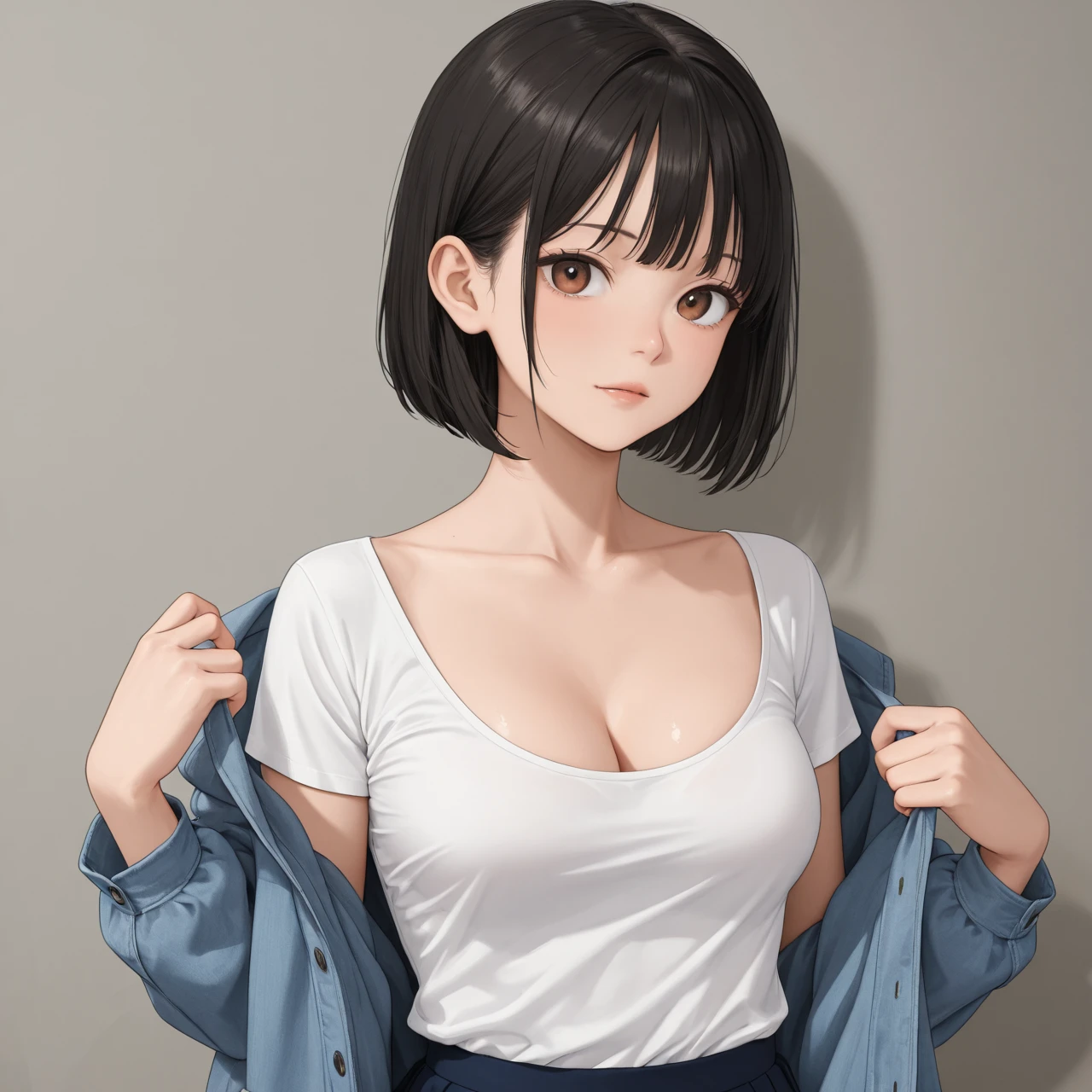 (Highest quality、8k、32K、masterpiece、Photorealistic:1.4、Hmph:1.2)、Cute Japanese Women Photos、Huge boobs:1.4、Very short bob hair、Extra Large_sweater、necklace、Simple Background、From above、Looking at the audience、Cleavage:1.5、A balanced body、whole body、Real