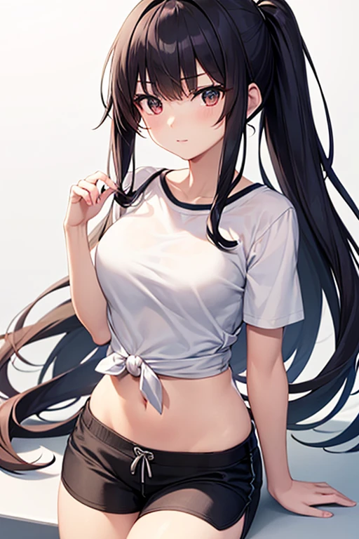 A girl with long hair and narrow eyes wearing a school swimsuit