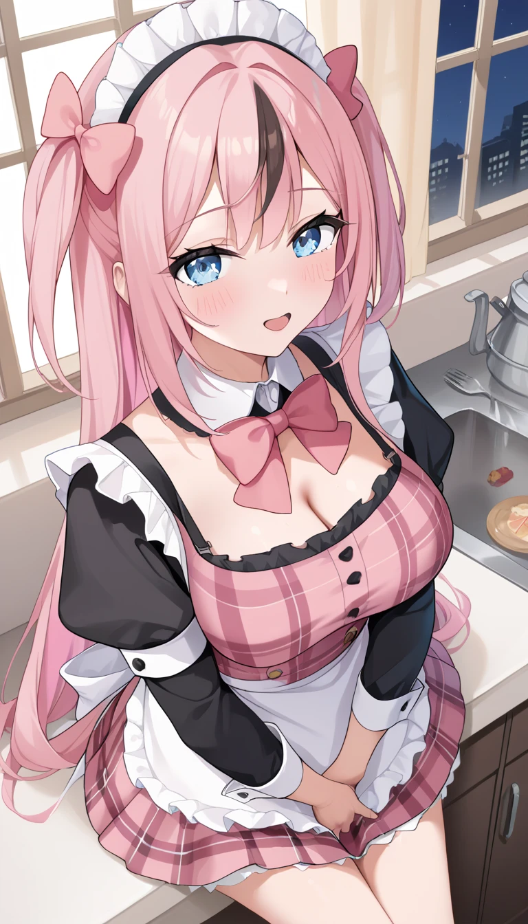 (Highest quality:1.2), (Super detailed:1.2),(masterpiece:1.2),(8k:1.2),(Blessed,Captivating body、Very fine needles、Very fine eye、Super detailedな肌、Highly detailed face,Detailed Background),One Girl、(kitchen,naked lace frill apron,blush:1.2), bbaqua