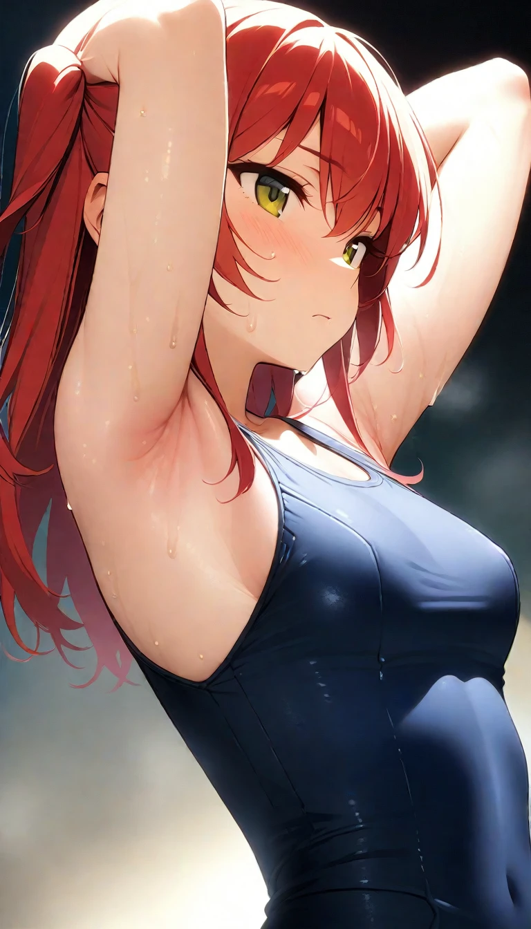 (masterpiece:1.2), Hyper Detail, highest quality, (complicated_detailed:1.1), Beautiful details, Beautiful Hair, alone,One girl,we_It is in it,Redhead,One side up,((School Swimsuit)),Blurred_background,sweating,Greasy shoulders,From below,Viewer,Reverse hair,Underarm,greasy Underarm,From the side, Shoulder focus,((Underarm focus)),Bare shoulders,Upper Body,(Sideboob),Five Fingers,((greasy Underarm)),((smooth Underarm)),((Pupil detailed)),Backlight,((Five Fingers)),((Detailed Underarm)),((elastic Underarm)),((soft Underarm)),throw,Cleavage,Middle chest