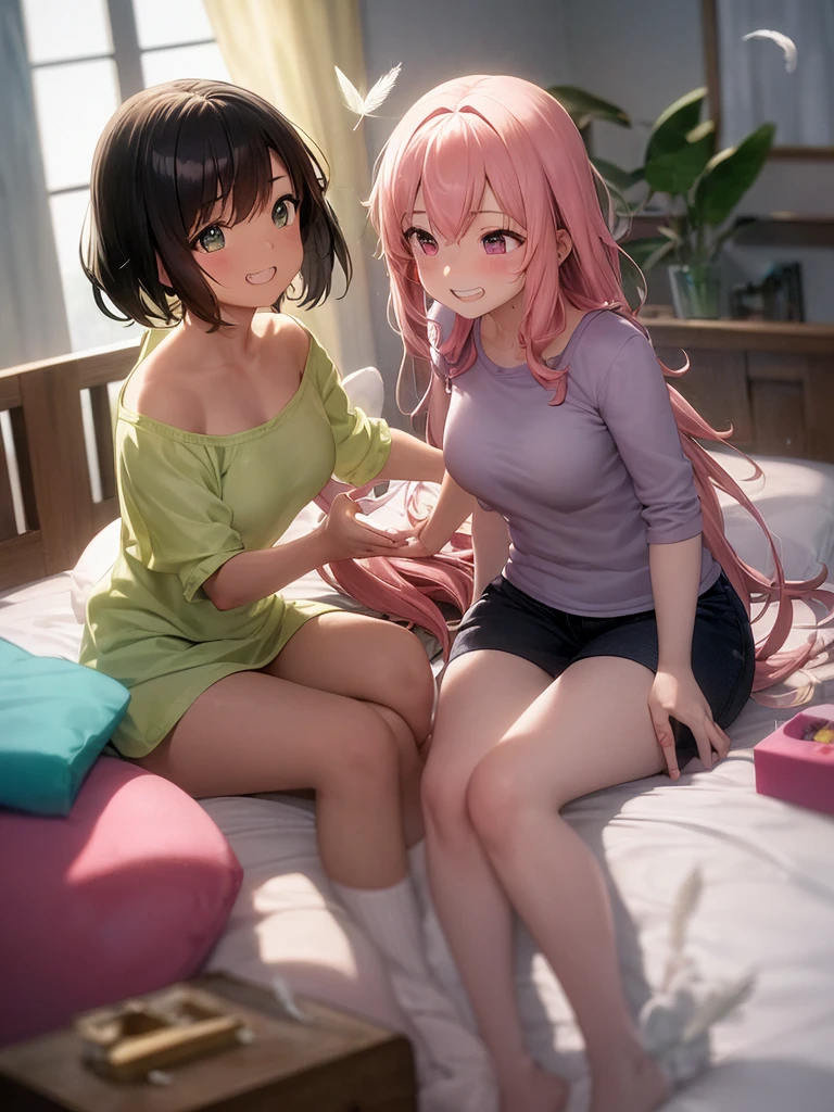 (2heads:1.1), (1boy:1.2), (male female couple), red eyes, short pink hair, short blonde hair, cute, (masculine:1.5), (masterpiece), (high quality), (best resolution), :D, cute face, black nails, looking at viewer, anime convention, beautiful background, sitting down, legs crossed, (pink hoodie:1.5), jeans, bulge, (wide hips:1.3), (thick thighs:1.3), (masculine chest:1.2), (flatchested)