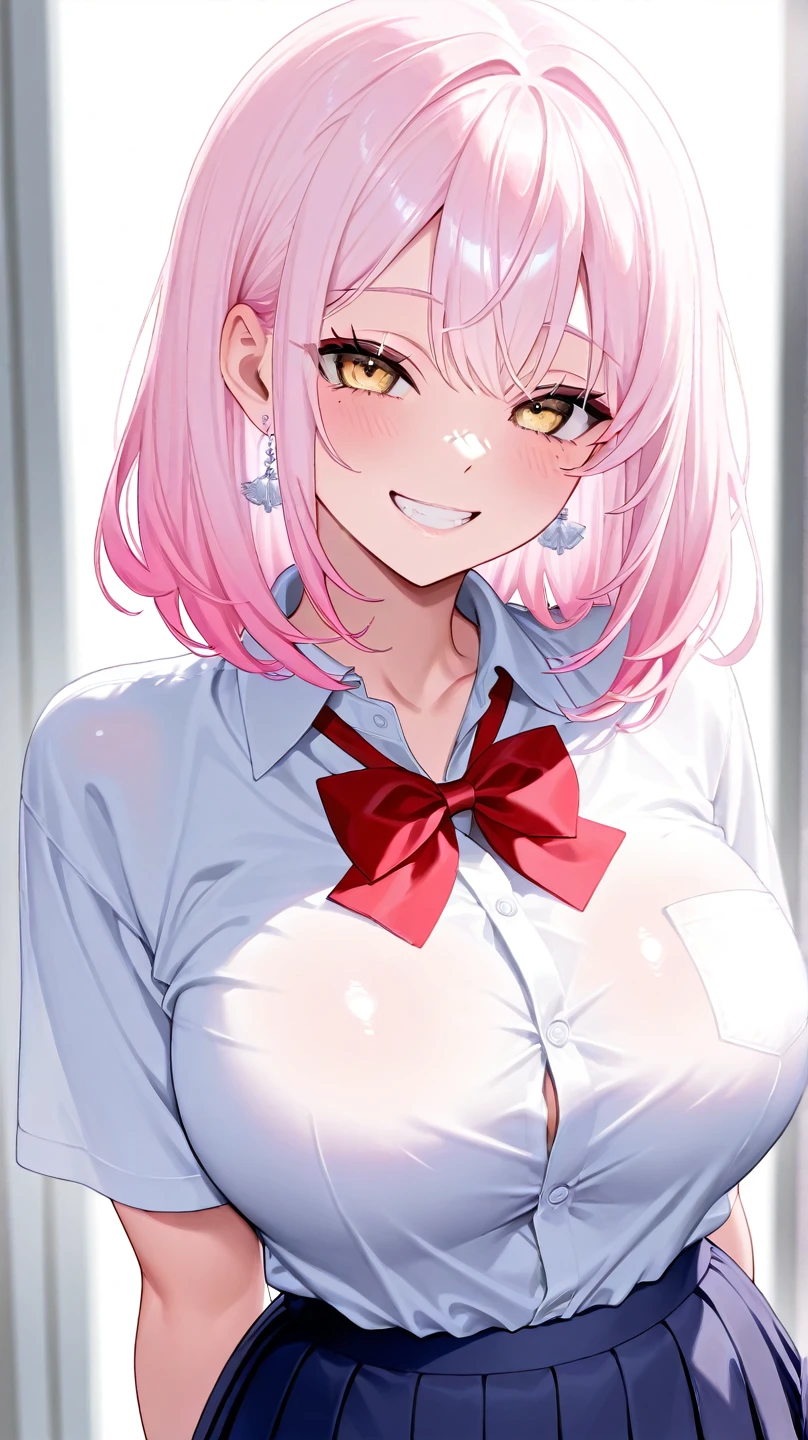 masterpiece, best quality, 1 girl, detailed beautiful face, ((pink nurse)), bent over, down blouse, laughing, short hair, waved hair, twintail, white hair, blouse with a few buttons unbuttoned, (flat chest), (small breast)