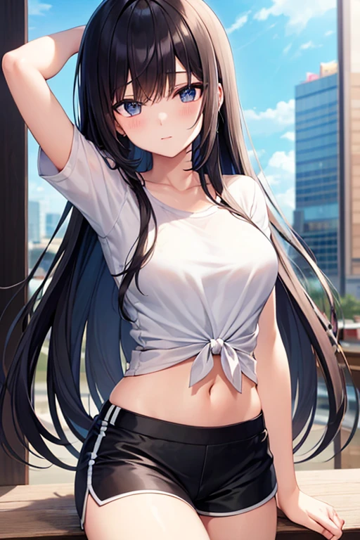 ,girl,Best image quality,,Black Hair,,Grey Eyes,,White skin,Long Hair,Straight Hair,classroom,Moonlit Night,Wet with sweat,Sportswear,Navel sticking out,Shoulder