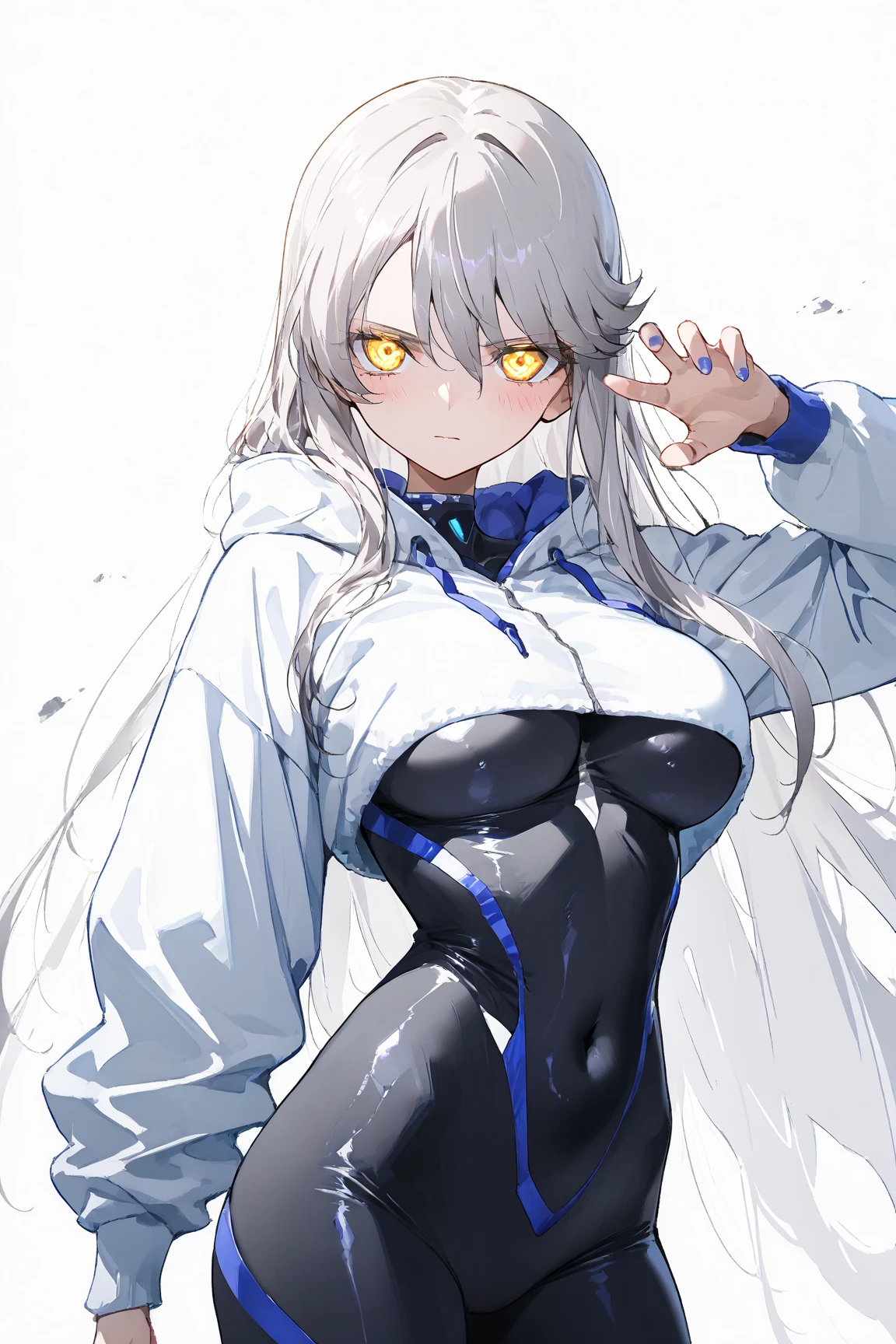 Beautiful white Kitsune, yellow eyes, highly detailed face, highly detailed eyes, big breasts, sexy figure, mature woman, several white kitsune tails, soft long white Kitsune ears, You rule a lake, a huge blue moon in the sky reflecting in the water, The forest would be burning flames blue, full of charred, the eyes would glow yellow,Very detailed face and eyes, Wearing blue and white Race Suit,