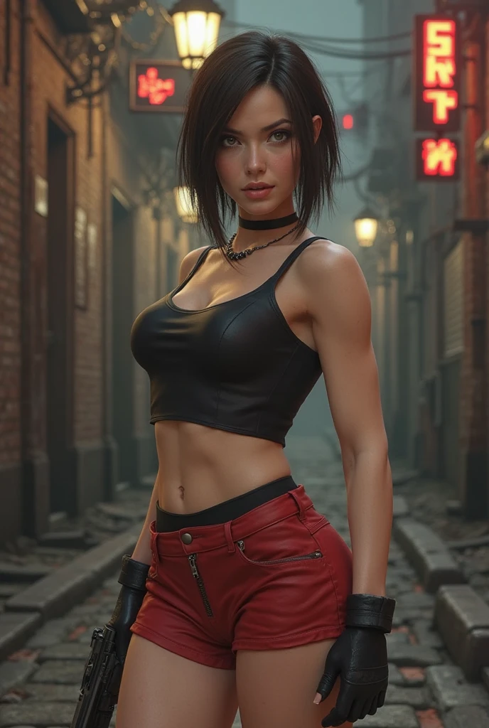 absurdrez, ultra details, high qualiy, Artwork, gorgeous eyes(detailedeyes), short messy black hair, fully body, facial expression laughing, super lashes, fully body, standing, tatoo, scar on the face, nurse outfit, hoop earings, eyes locked,