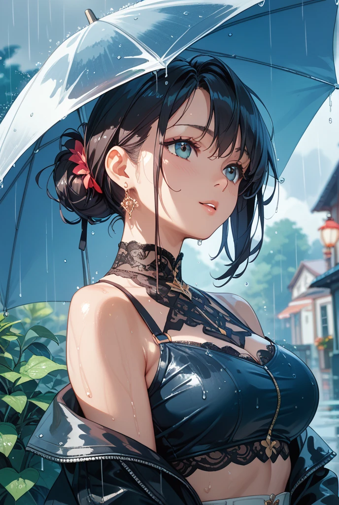 beautiful detailed eyes, beautiful detailed lips, extremely detailed eyes and face, long eyelashes, detailed body, perfect body beauty:1.4, hips:1.2, layered haircut, bust:1.2, wet clothes:1.1, rain, street:1.3, bandeau dress:1.1, very detailed face and skin texture, white skin, long hair, silence:1.3, (best quality,8k,masterpiece:1.3),focused:1.2