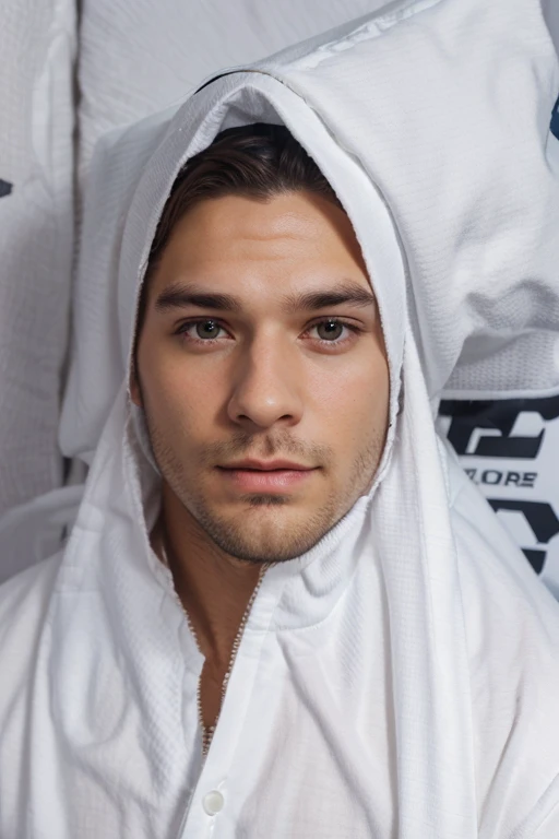 Young handsome cute white white skin soft skinny beautiful face shirtless with a hood