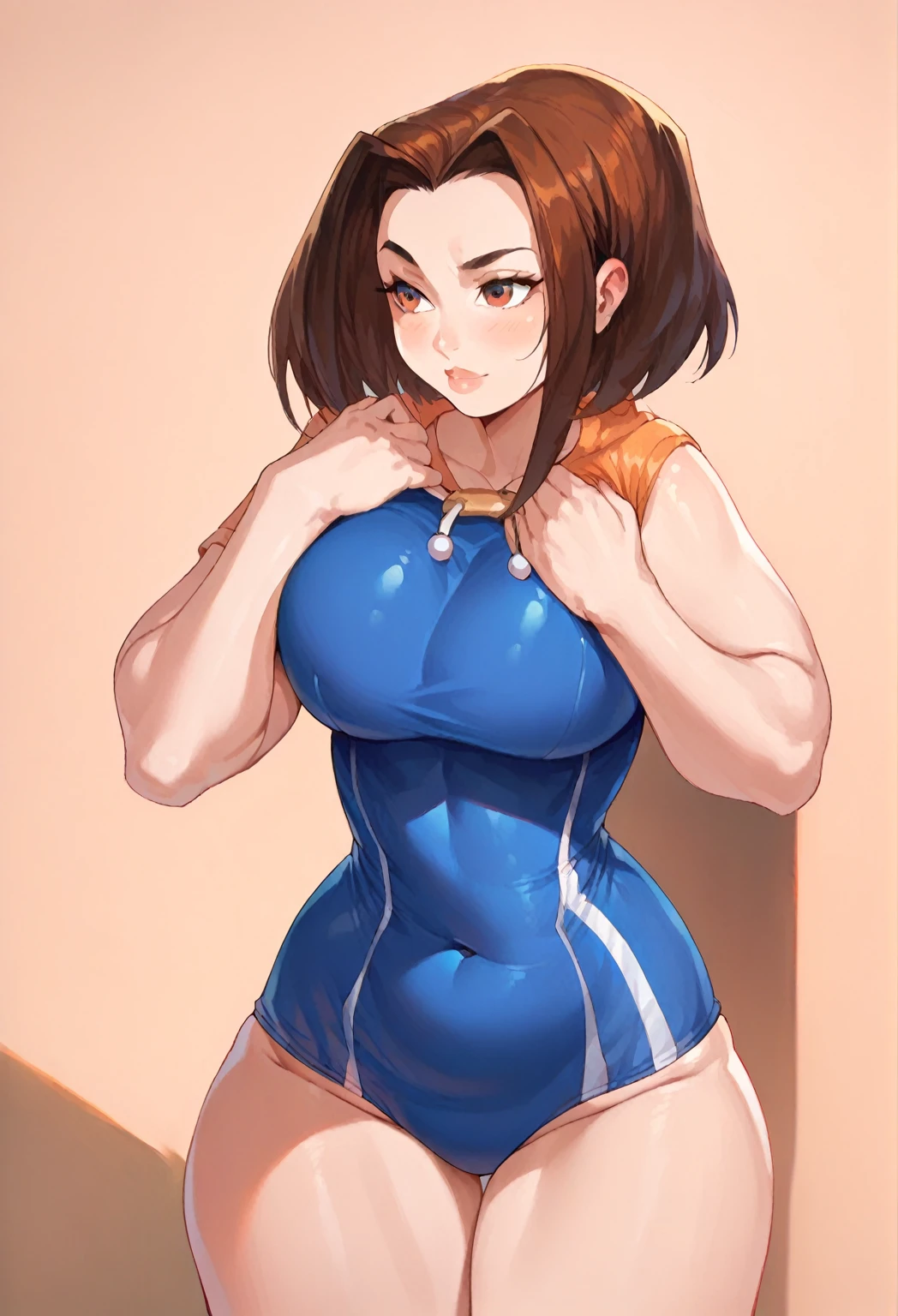 arezu, 1girl, looking at viewer, blush, smile, short hair, bangs, brown hair, red eyes, brown eyes, sitting, closed mouth, collarbone, pantyhose, boots, shiny hair, eyelashes, crossed legs, tight suit, fighting suit, slightly muscular, big tits, sexy pose