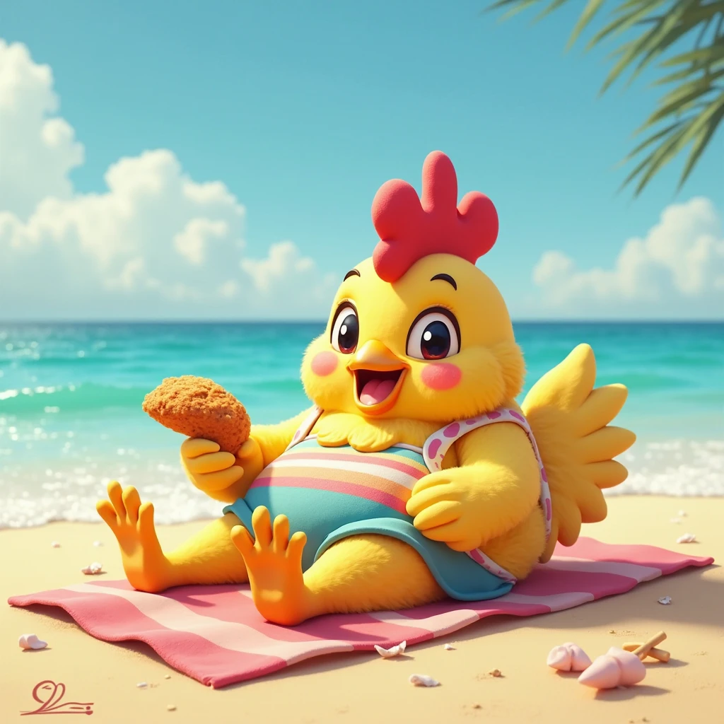 A roast chicken with in a bikini sits on a dune (no water) taking a sunbat