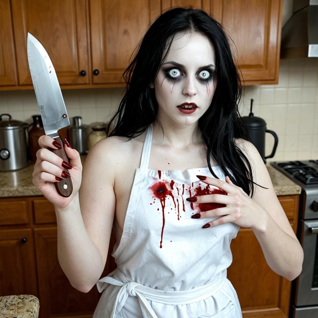 A zombie woman in a maid outfit, she is hungry and wants the viewers brain. horror, Halloween night