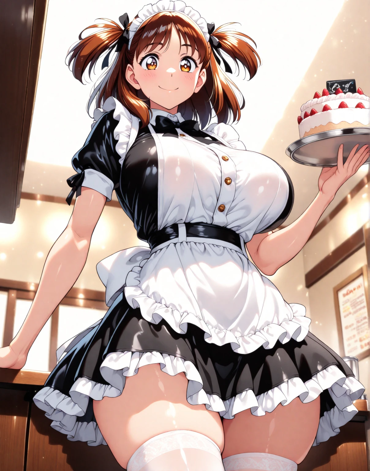 (dynamic angle:1.3, front view:1.1, breast focus:1.3, from above:1.1), (dynamic posing:1.2, sexy posing:1.2), (seductive smiling:1.3), ((looking at cake,Taking a cake out of the golden oven, worried about the outcome:1.2)),highest quality、(real、photorealistic:1.4),(ultra high resolution, 8K RAW photo, clear focus), best qualtiy, natural lighting, field depth, (Bright pupils, detailed beautiful eyes, high detailed face), Red lip, (tight focus:1.2), a girl 22yo old, Wearing a pastry chef uniform:1.3 , Thicc, thin breast, long hair, blue eyes,garter stocking, cleavage:1.2, midriff, black shorts, black thighhighs, thigh strap, pretty girl, (highly detailed beautiful face and eyes,firm breasts),real skin,((black,hair,long pony tail hair)),thin pubic hair,cute,lovely, detailed eyes,(double breasted:1.0,under bust:1.0),(with sparkling eyes and a contagious smile),open mouth, Looking at Viewer,A scene of cooking in the kitchen,looking at the golden oven