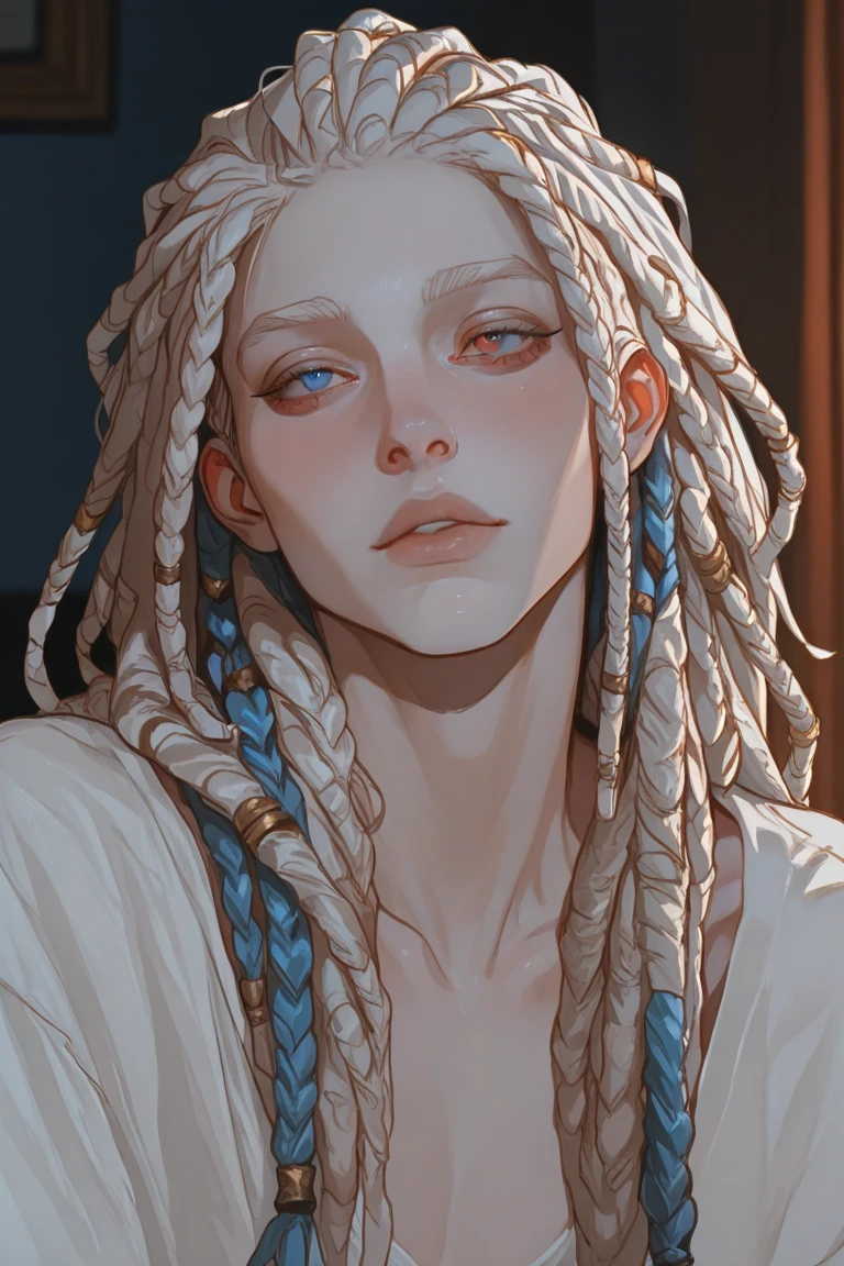 a girl with piercing blue eyes, blonde dreadlocks, full lips, black eyeliner, scars on her cheek, detailed facial features, hyperrealistic, digital painting, highly detailed, 8k, photorealistic, cinematic lighting, dramatic lighting, vibrant colors, fantasy, portrait