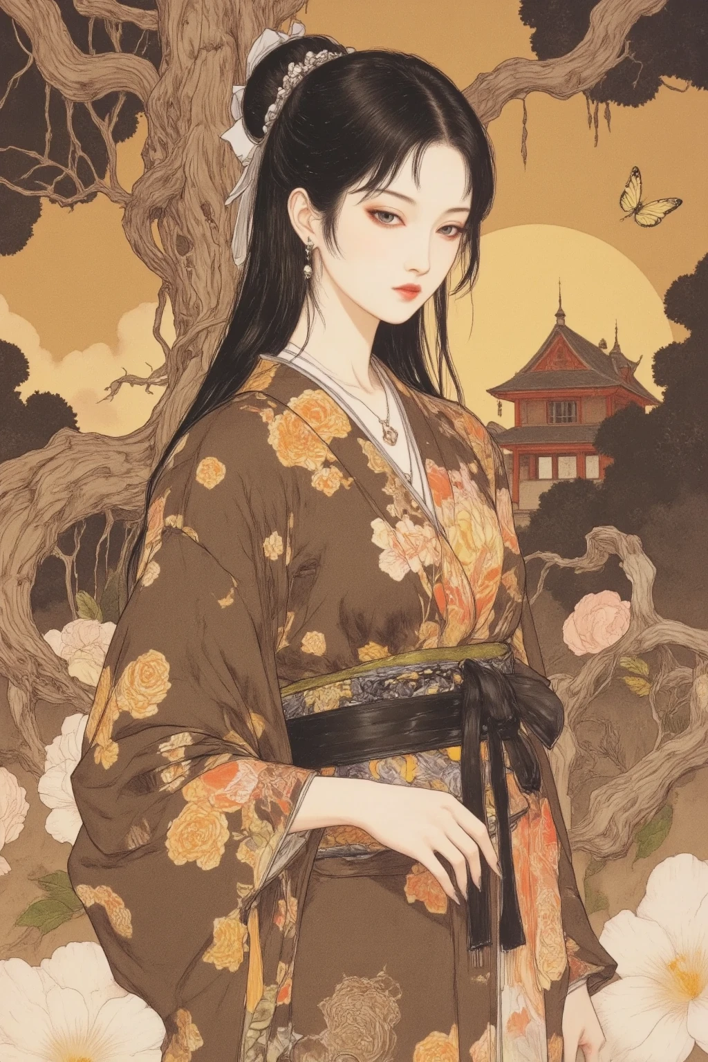 A gentle Japanese-style fantasy landscape、A woman wearing a beautiful kimono with a delicate floral pattern、with long black hair tied up in an elegant manner is very elegant。Japanese architecture and twisted tree roots in the background、soft golden light shines in。A butterfly fluttering near her shines softly、Dreamy and Fantastic Vibes、 Extremely Intricate Details、Ultra realistic texture、Ultra Wide Shot、highly detailed fantasy art style、High Quality、masterpiece、super definition