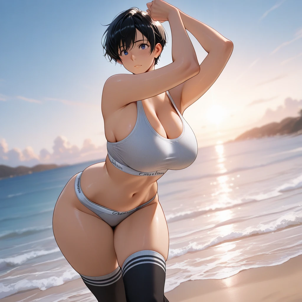Your beautiful gorgeous sexy curvy tomboy girlfriend wearing a crop top and booty shorts,solo, blushing, grinning, accidentally cute pose, she knows you’re trying to make her fat,